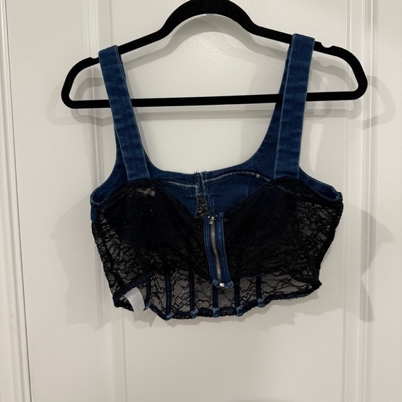 Denim and Black Lace Women's Top Corset Size Large Festival Boho Chic Edgy - Picture 5 of 6